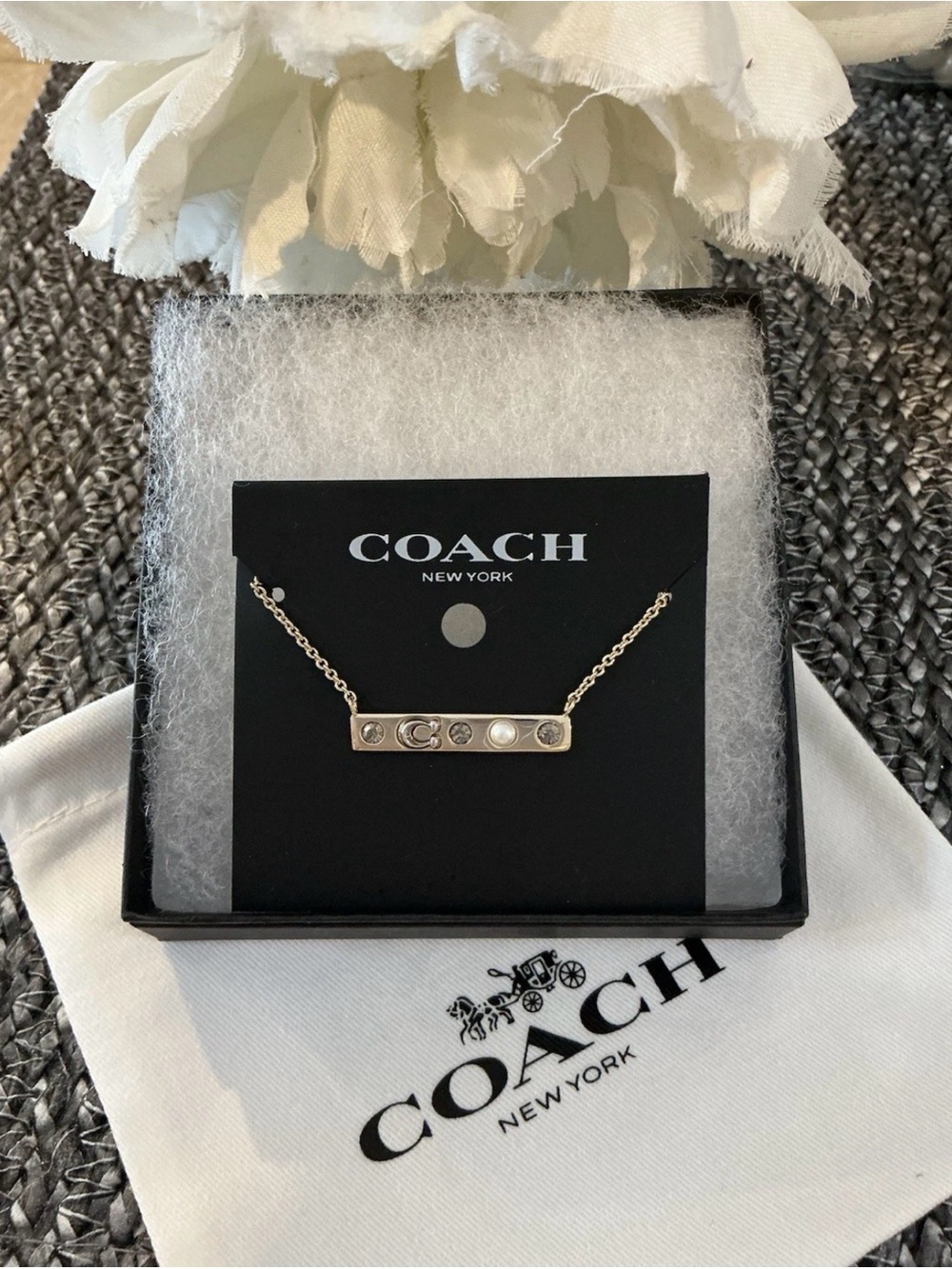 Coach Gold-Tone Bar Necklace with Crystal and Pearl Accents - Picture 6 of 8